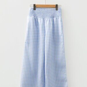 Myosotis Plaid Print Smocked High Waist Womens Loose Pants
